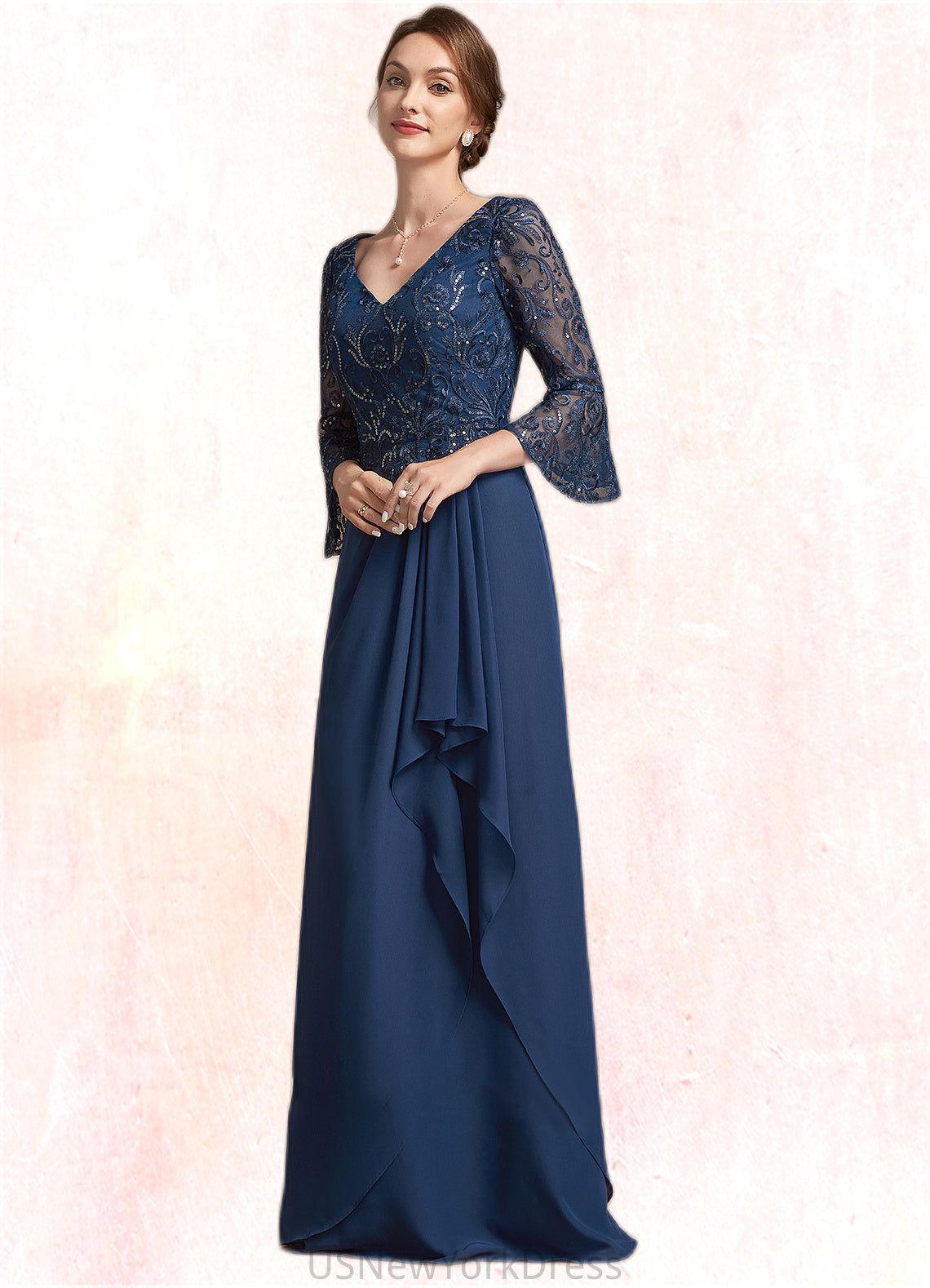 Chloe A-Line V-neck Floor-Length Chiffon Lace Mother of the Bride Dress With Sequins Cascading Ruffles DJ126P0014825