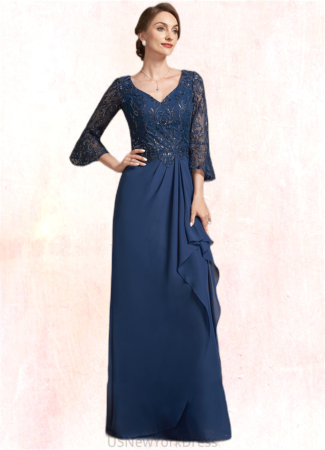 Chloe A-Line V-neck Floor-Length Chiffon Lace Mother of the Bride Dress With Sequins Cascading Ruffles DJ126P0014825