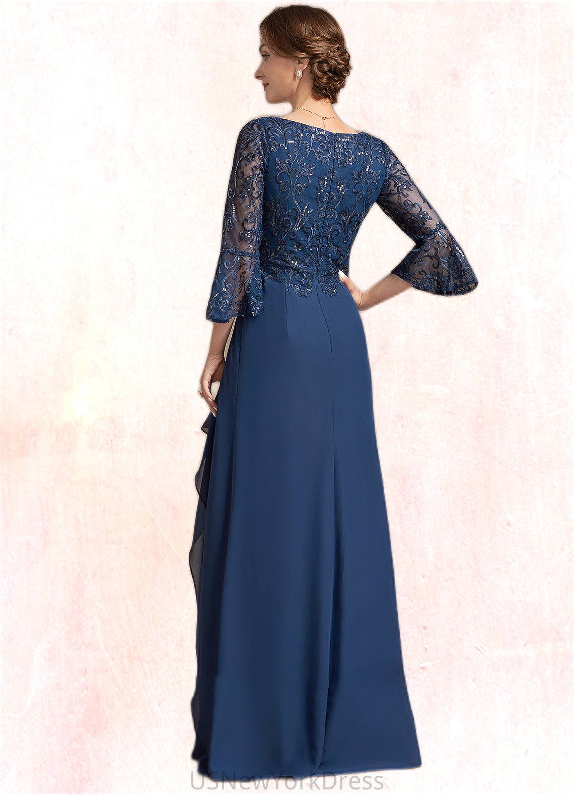 Chloe A-Line V-neck Floor-Length Chiffon Lace Mother of the Bride Dress With Sequins Cascading Ruffles DJ126P0014825