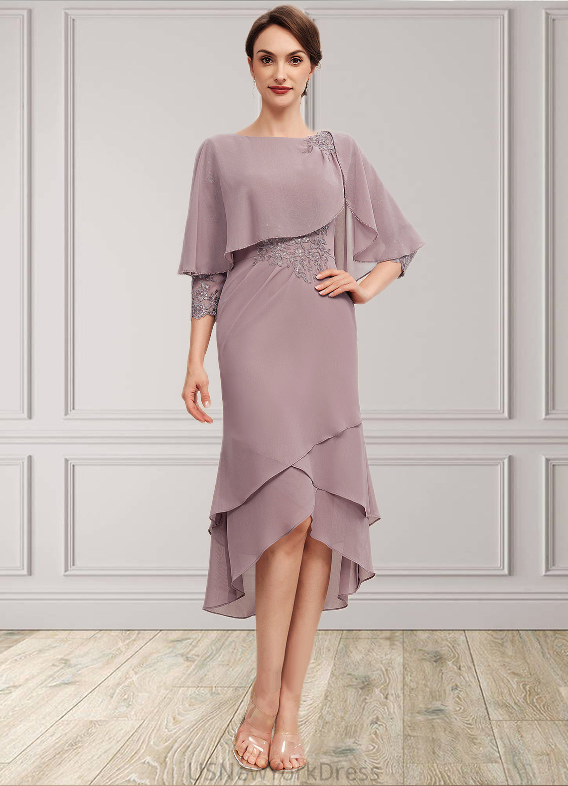 Salome Sheath/Column Scoop Neck Asymmetrical Chiffon Mother of the Bride Dress With Ruffle Lace Sequins DJ126P0014826