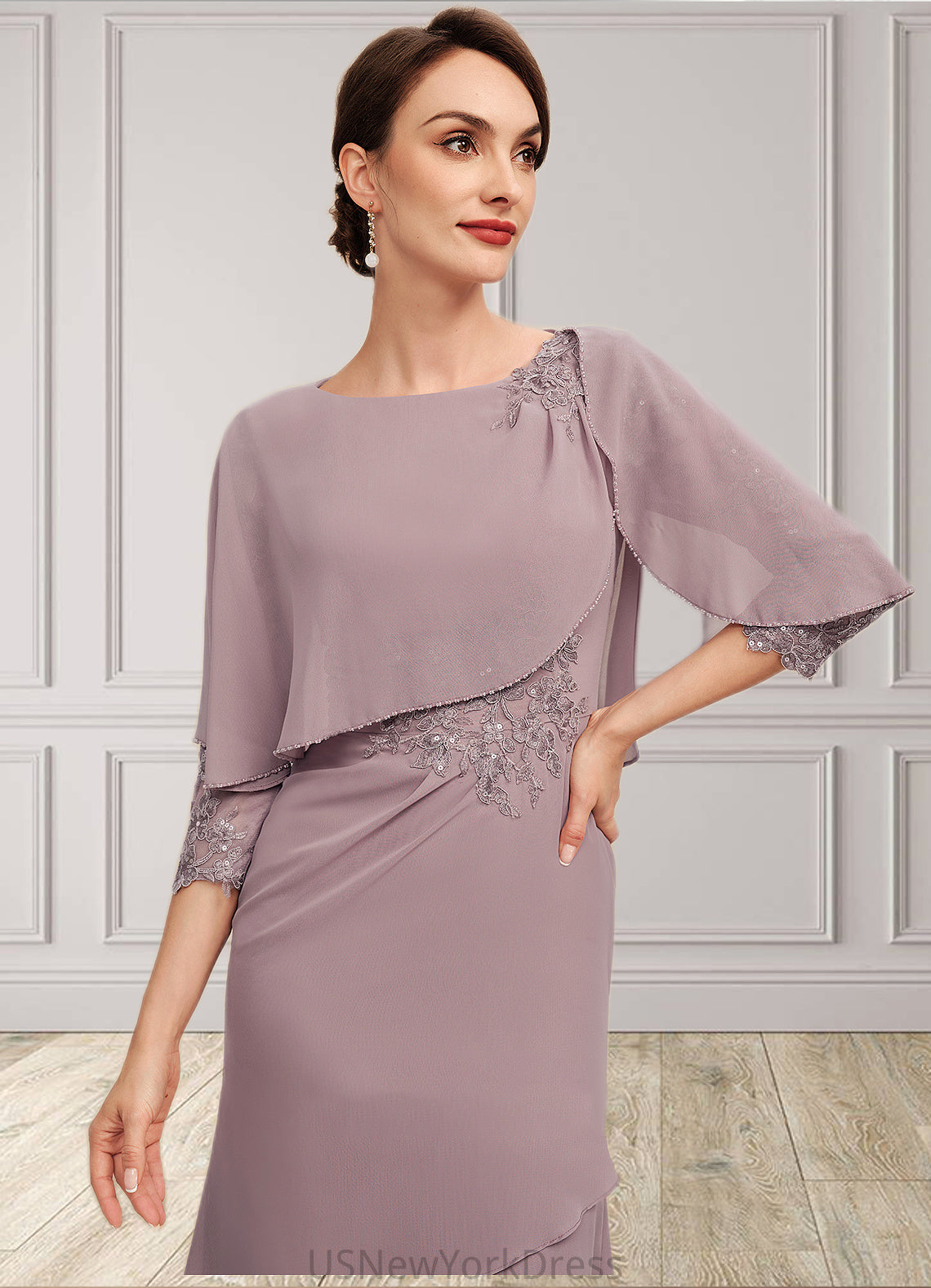 Salome Sheath/Column Scoop Neck Asymmetrical Chiffon Mother of the Bride Dress With Ruffle Lace Sequins DJ126P0014826