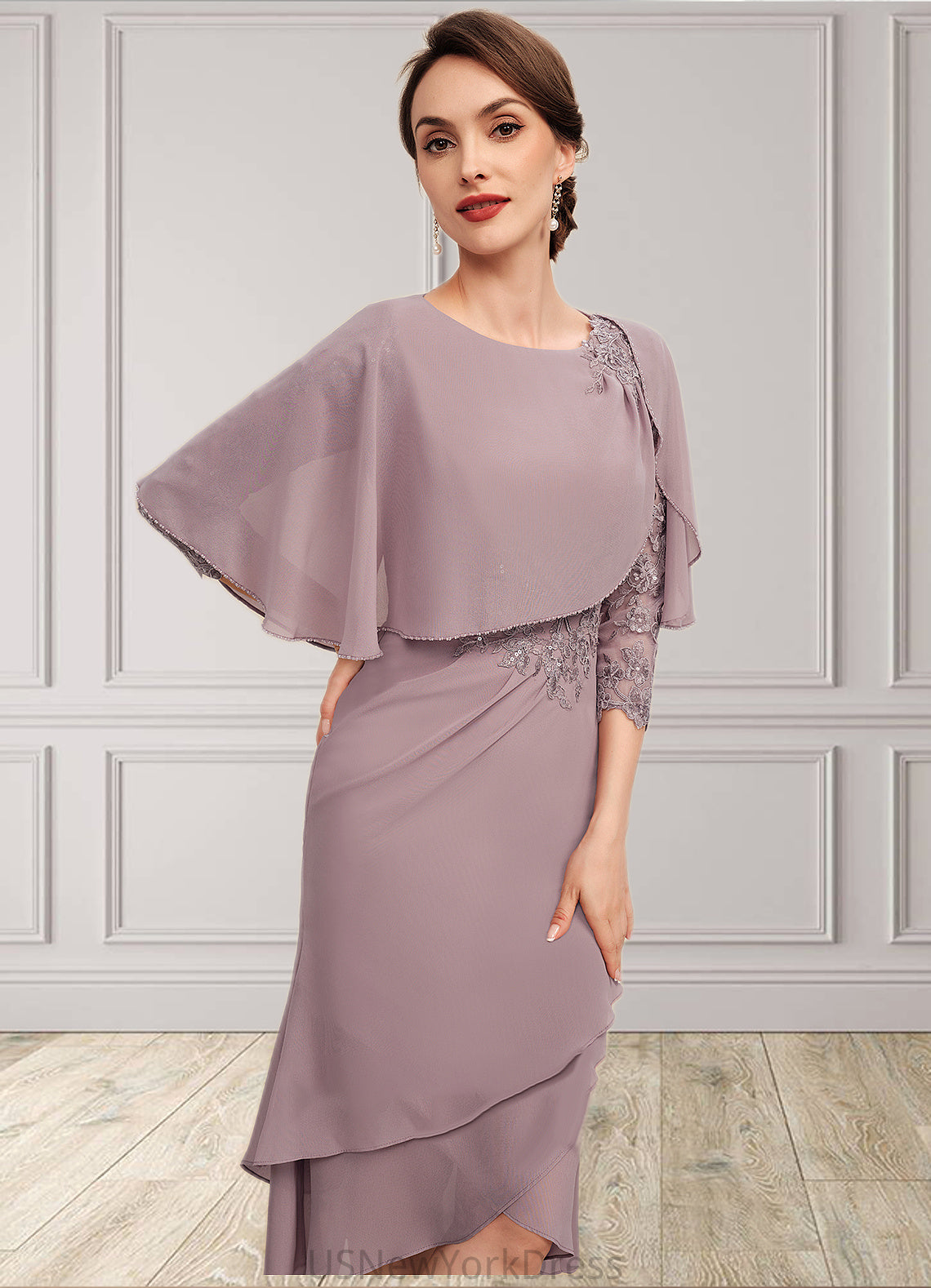 Salome Sheath/Column Scoop Neck Asymmetrical Chiffon Mother of the Bride Dress With Ruffle Lace Sequins DJ126P0014826