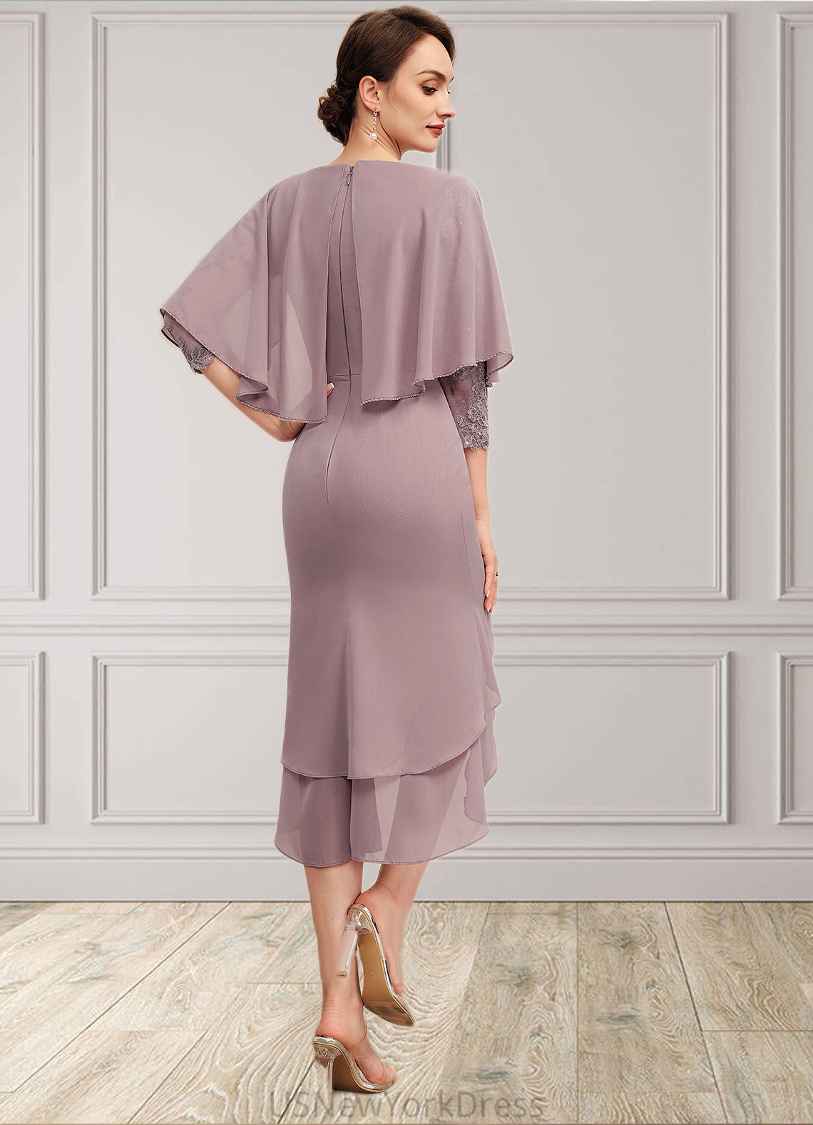 Salome Sheath/Column Scoop Neck Asymmetrical Chiffon Mother of the Bride Dress With Ruffle Lace Sequins DJ126P0014826