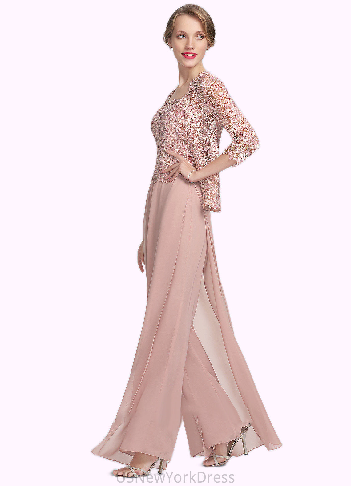 Brielle Jumpsuit/Pantsuit Square Neckline Floor-Length Chiffon Lace Mother of the Bride Dress DJ126P0014828