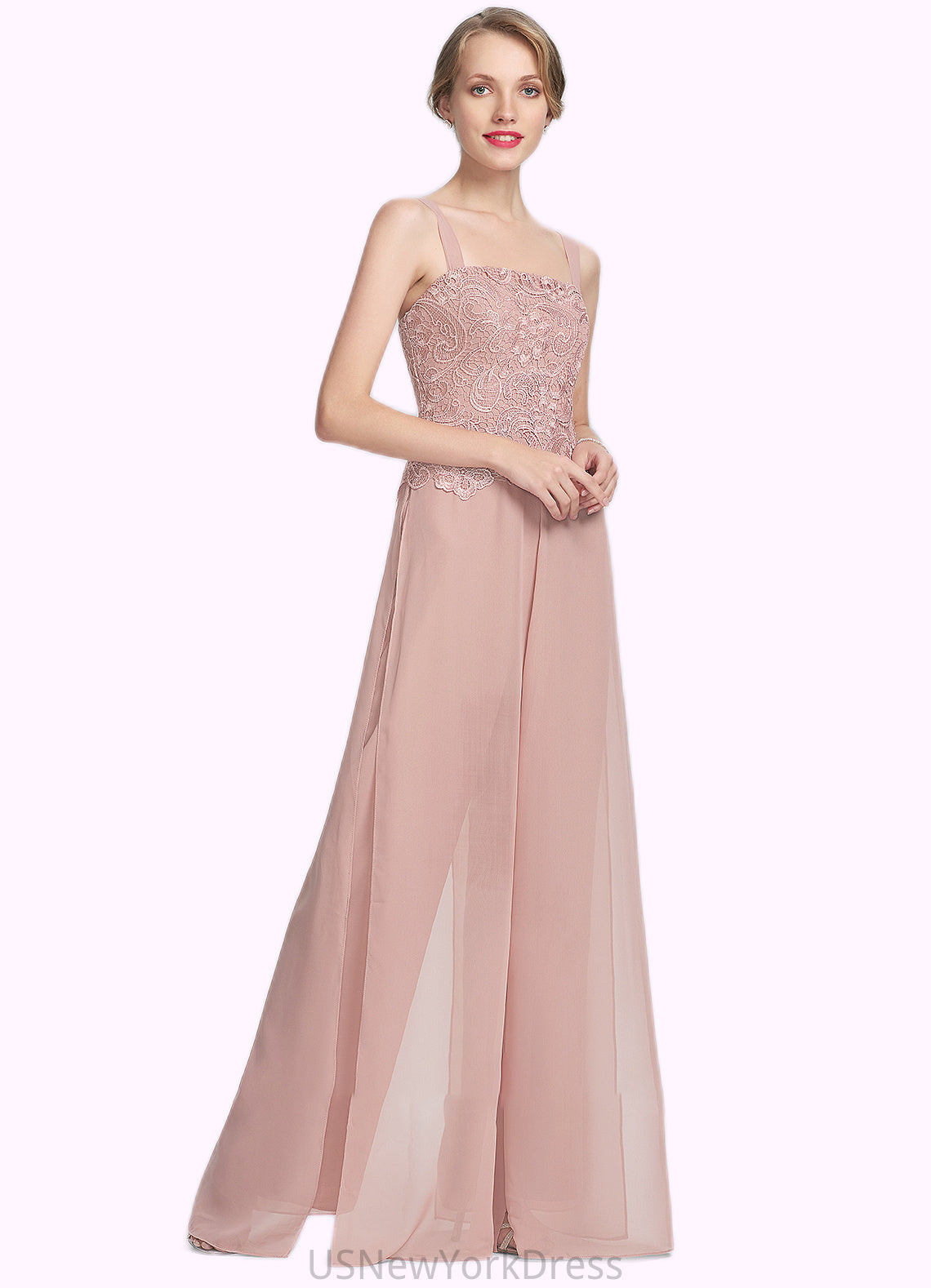 Brielle Jumpsuit/Pantsuit Square Neckline Floor-Length Chiffon Lace Mother of the Bride Dress DJ126P0014828