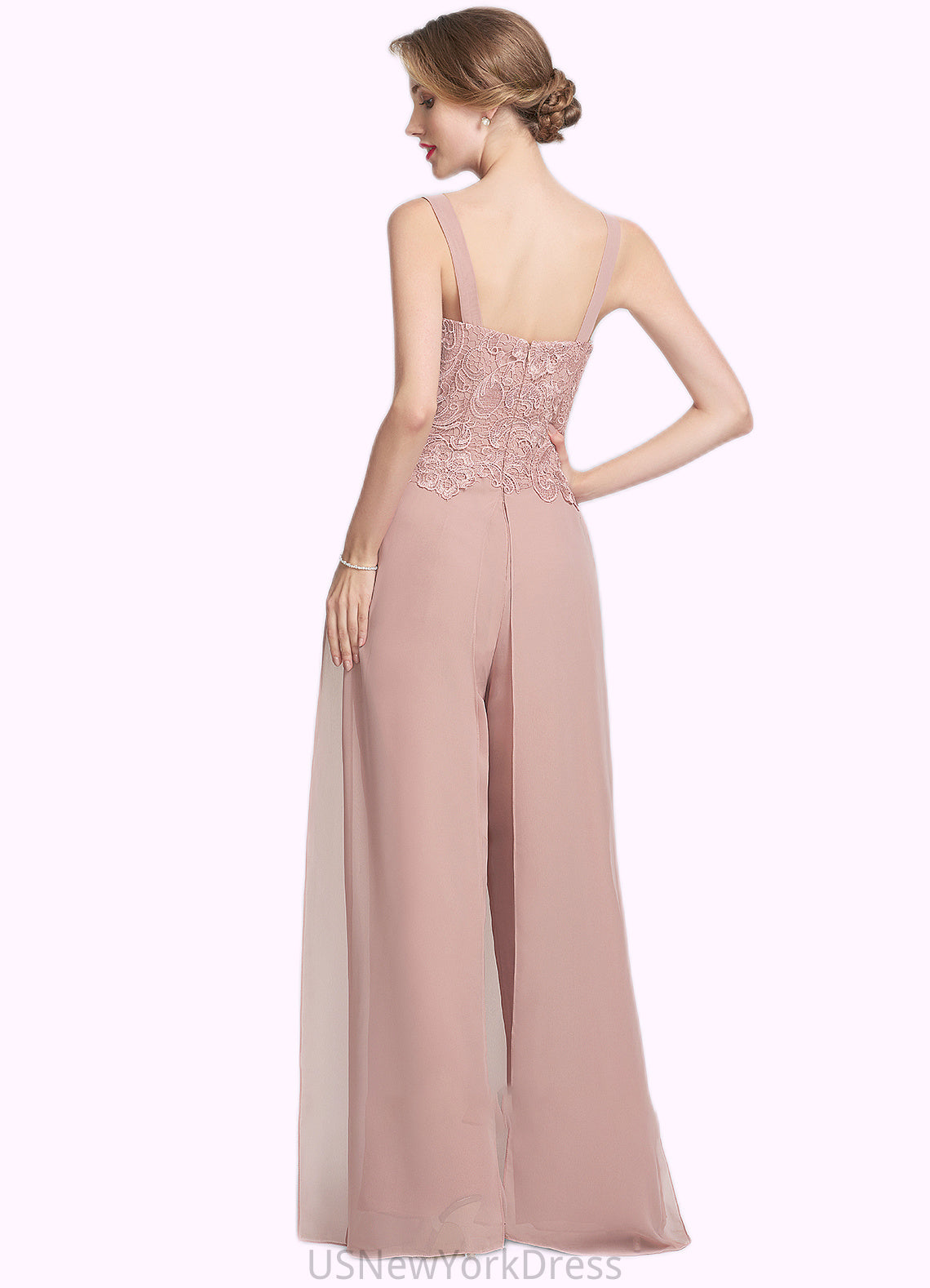 Brielle Jumpsuit/Pantsuit Square Neckline Floor-Length Chiffon Lace Mother of the Bride Dress DJ126P0014828