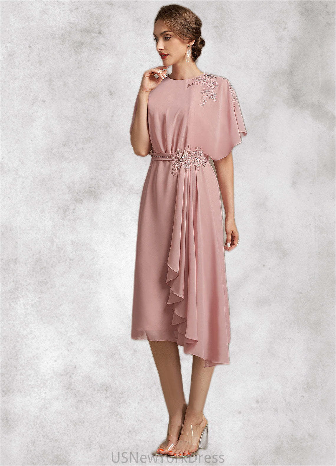 Lizeth Sheath/Column Scoop Neck Knee-Length Chiffon Mother of the Bride Dress With Appliques Lace DJ126P0014829