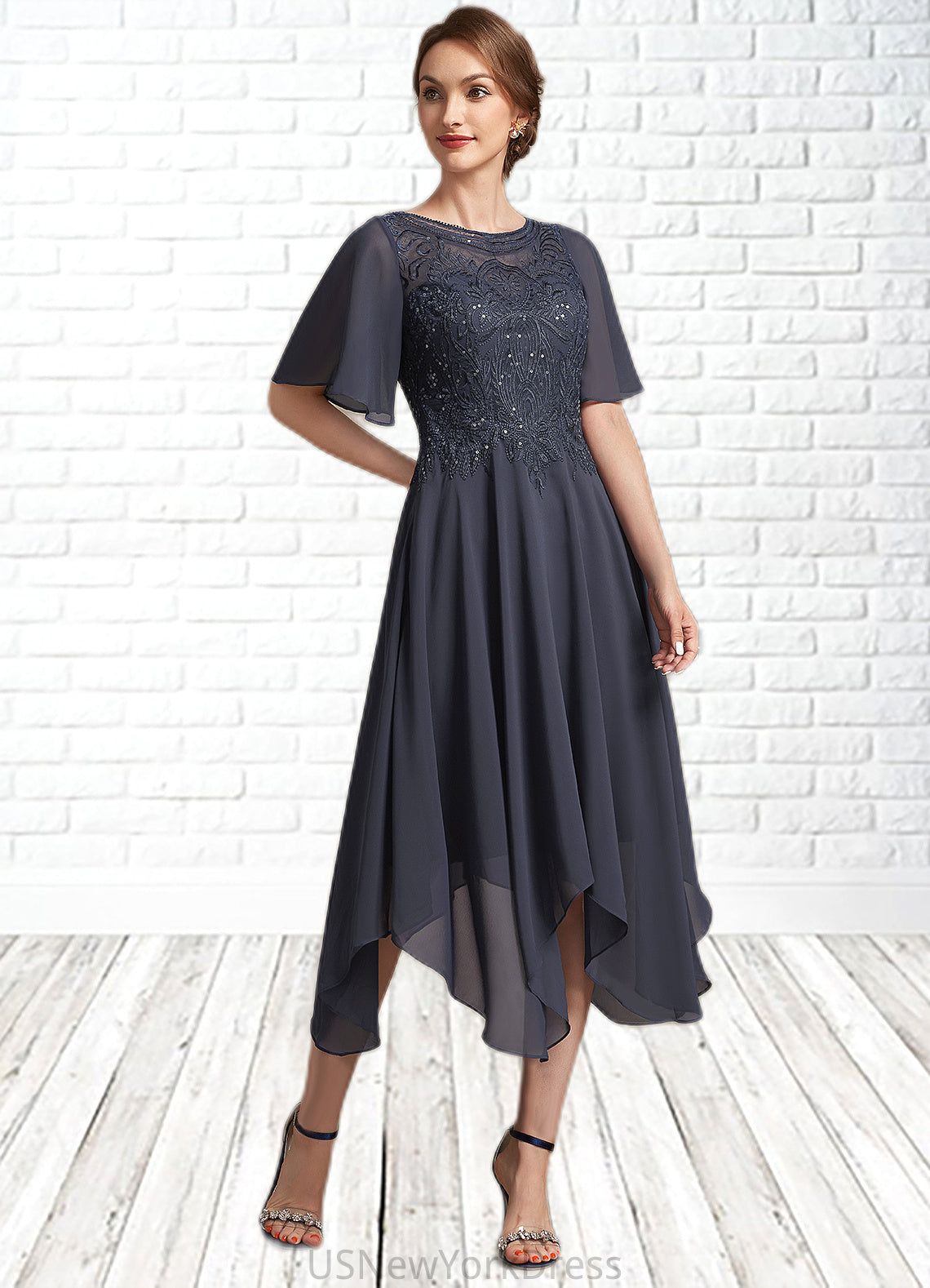 Laura A-Line Scoop Neck Tea-Length Chiffon Lace Mother of the Bride Dress With Sequins DJ126P0014830