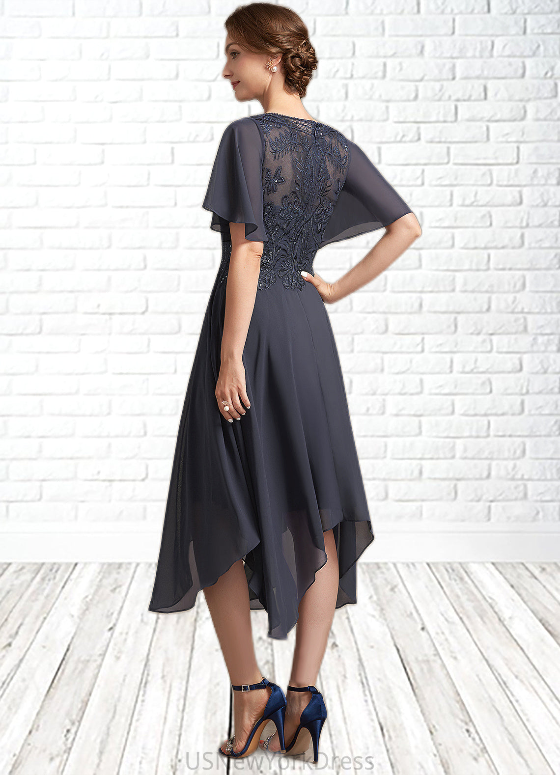 Laura A-Line Scoop Neck Tea-Length Chiffon Lace Mother of the Bride Dress With Sequins DJ126P0014830