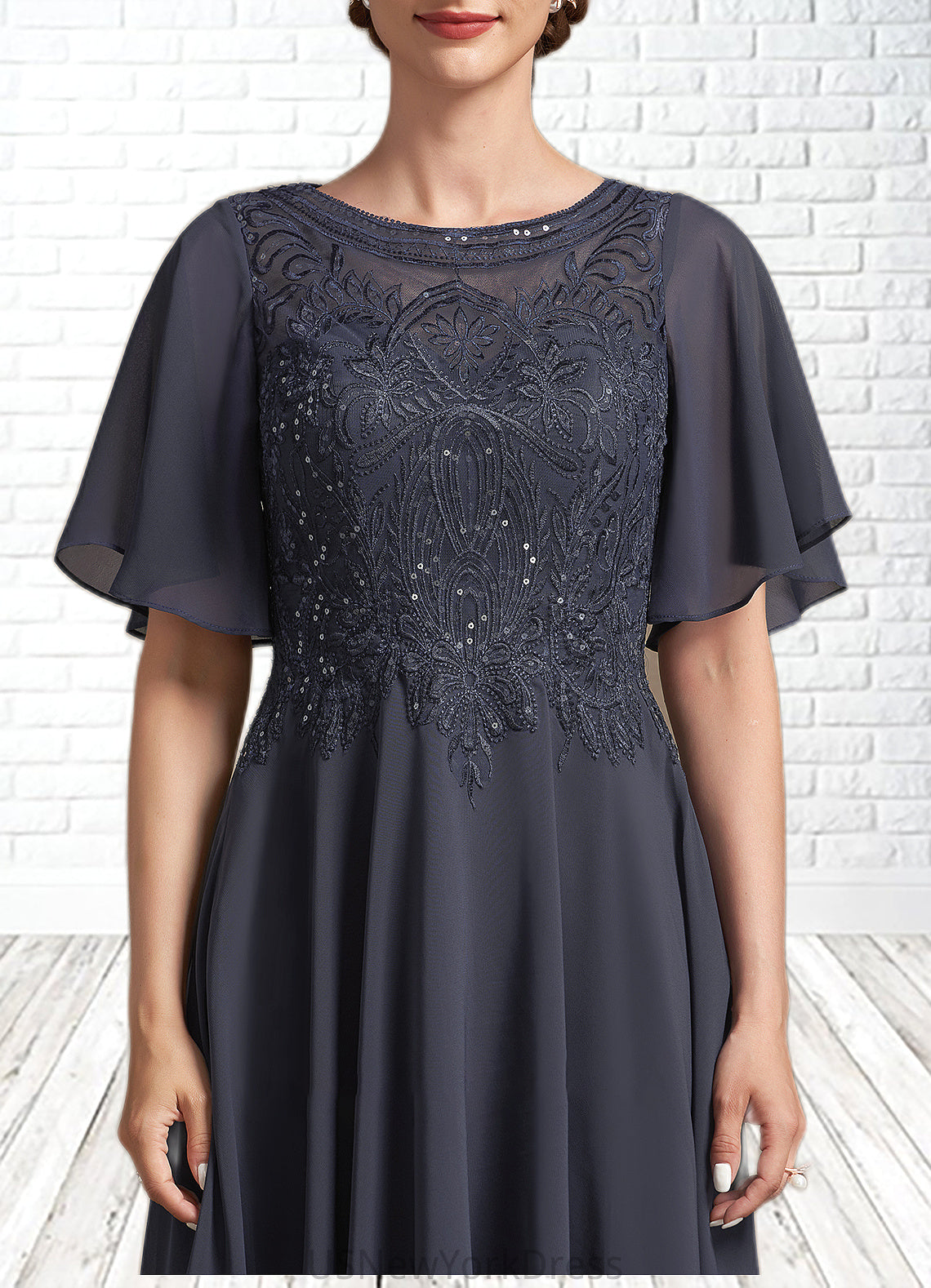 Laura A-Line Scoop Neck Tea-Length Chiffon Lace Mother of the Bride Dress With Sequins DJ126P0014830