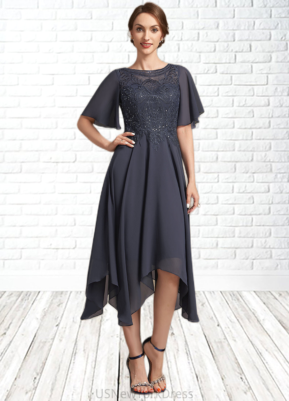 Laura A-Line Scoop Neck Tea-Length Chiffon Lace Mother of the Bride Dress With Sequins DJ126P0014830