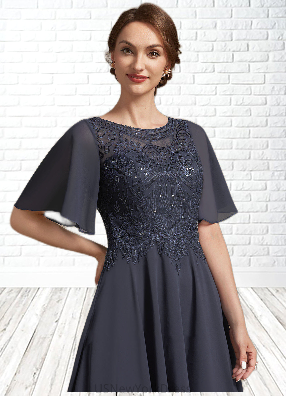 Laura A-Line Scoop Neck Tea-Length Chiffon Lace Mother of the Bride Dress With Sequins DJ126P0014830