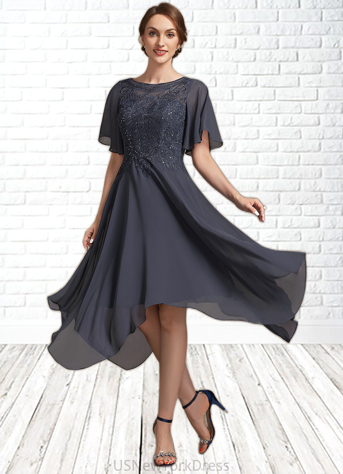 Laura A-Line Scoop Neck Tea-Length Chiffon Lace Mother of the Bride Dress With Sequins DJ126P0014830