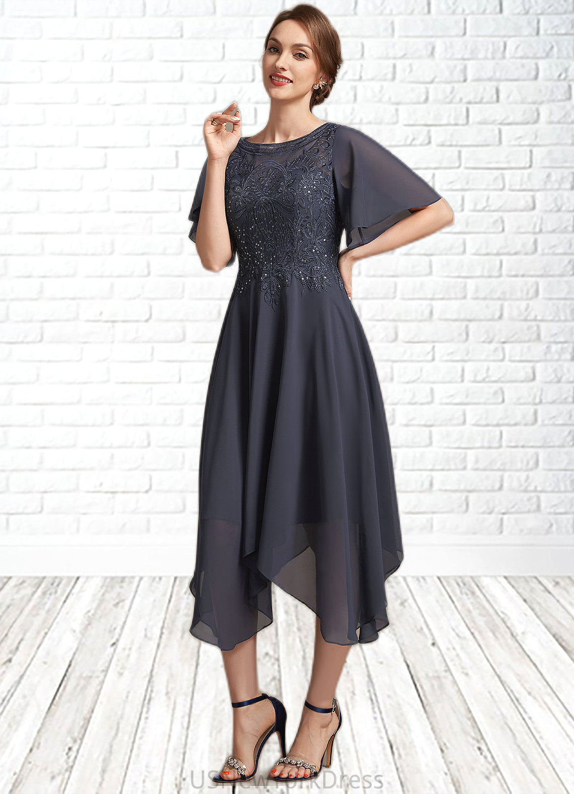 Laura A-Line Scoop Neck Tea-Length Chiffon Lace Mother of the Bride Dress With Sequins DJ126P0014830