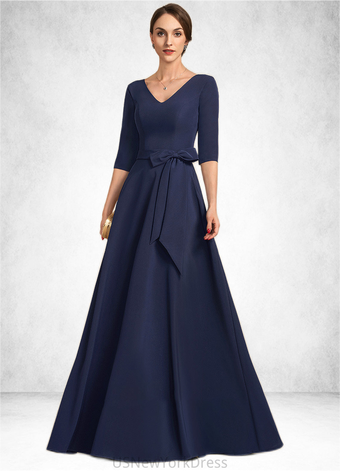 Lori A-Line V-neck Floor-Length Stretch Crepe Mother of the Bride Dress With Bow(s) DJ126P0014831