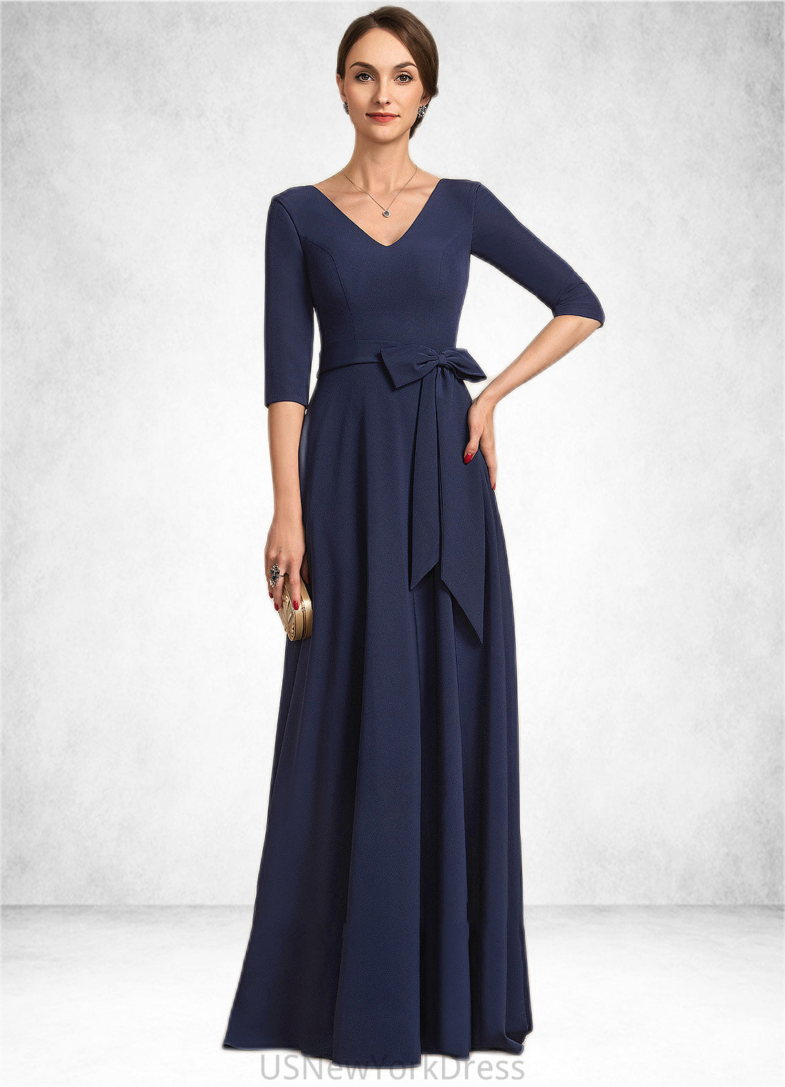 Lori A-Line V-neck Floor-Length Stretch Crepe Mother of the Bride Dress With Bow(s) DJ126P0014831