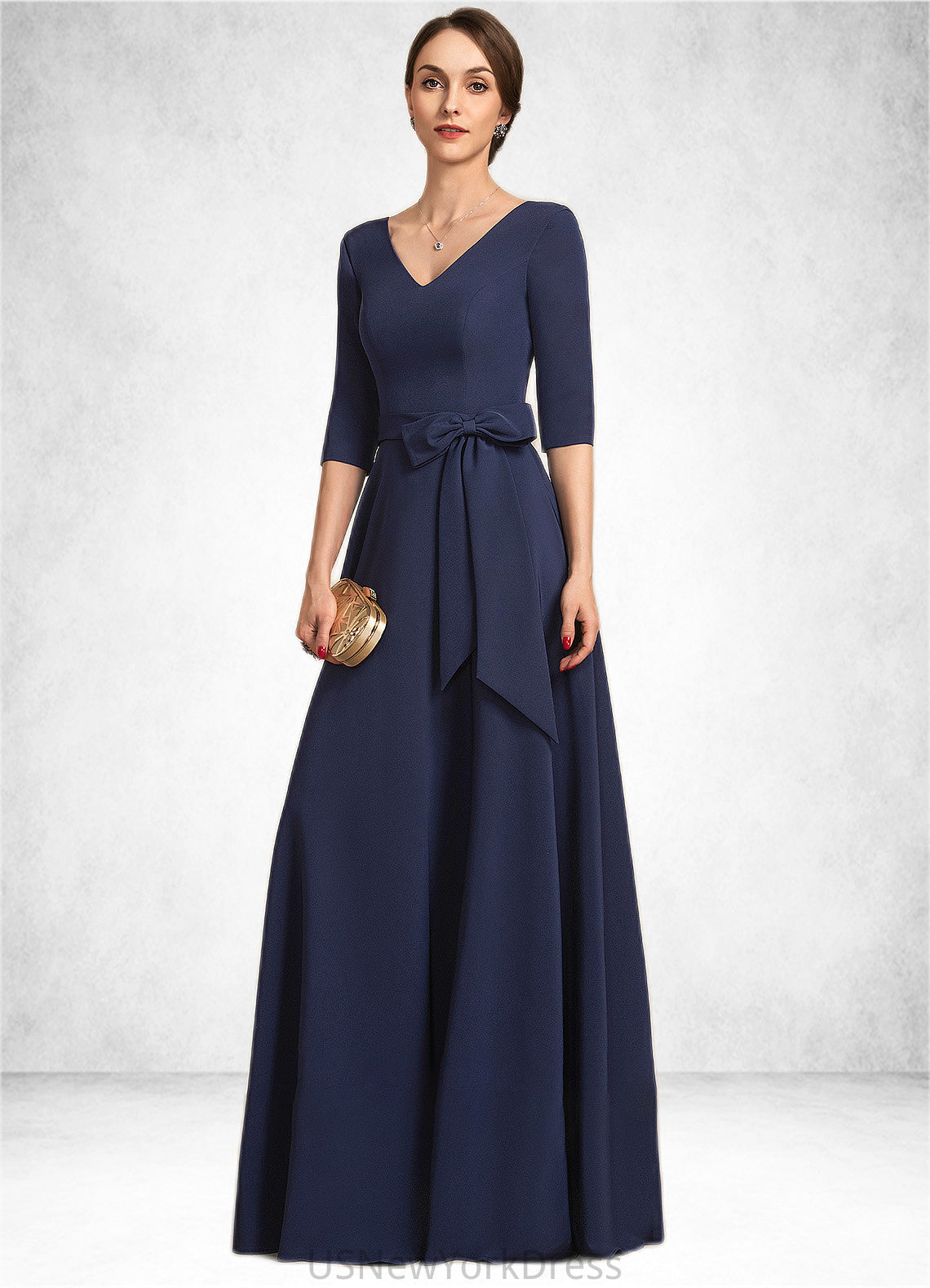 Lori A-Line V-neck Floor-Length Stretch Crepe Mother of the Bride Dress With Bow(s) DJ126P0014831