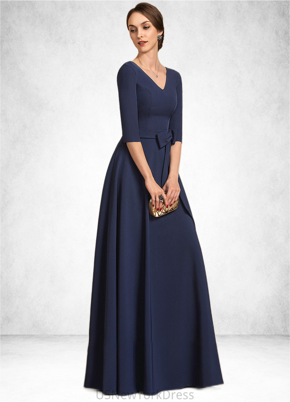 Lori A-Line V-neck Floor-Length Stretch Crepe Mother of the Bride Dress With Bow(s) DJ126P0014831