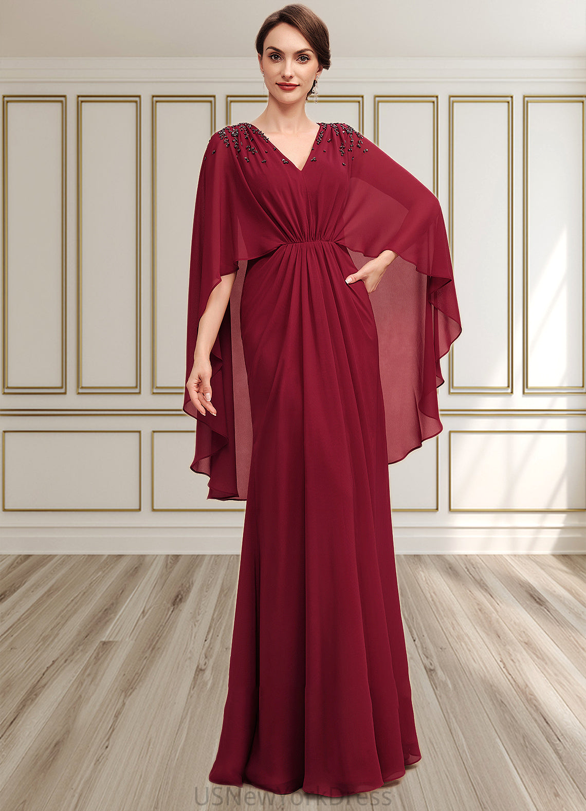 Sarahi A-Line V-neck Floor-Length Chiffon Mother of the Bride Dress With Ruffle Beading Sequins DJ126P0014833