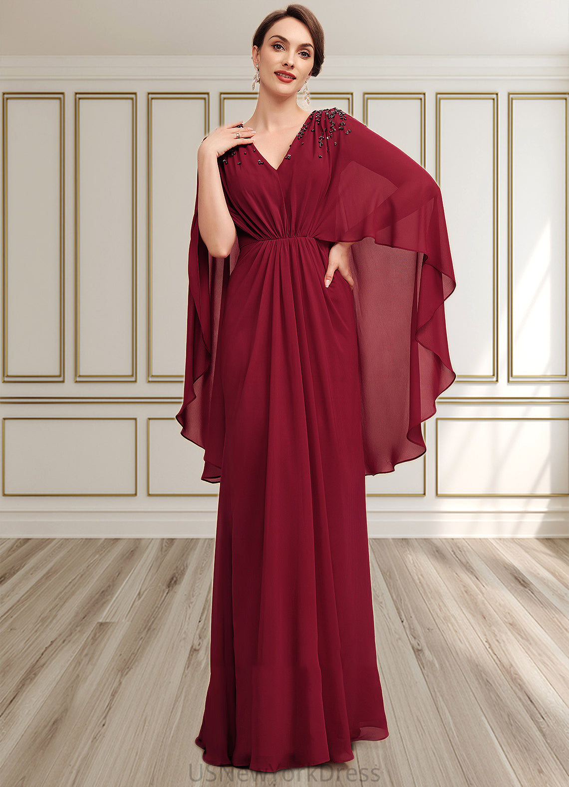 Sarahi A-Line V-neck Floor-Length Chiffon Mother of the Bride Dress With Ruffle Beading Sequins DJ126P0014833