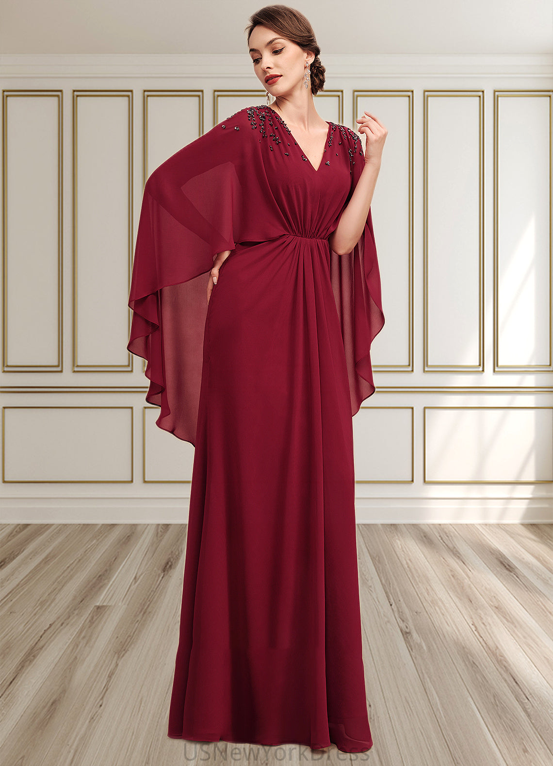 Sarahi A-Line V-neck Floor-Length Chiffon Mother of the Bride Dress With Ruffle Beading Sequins DJ126P0014833