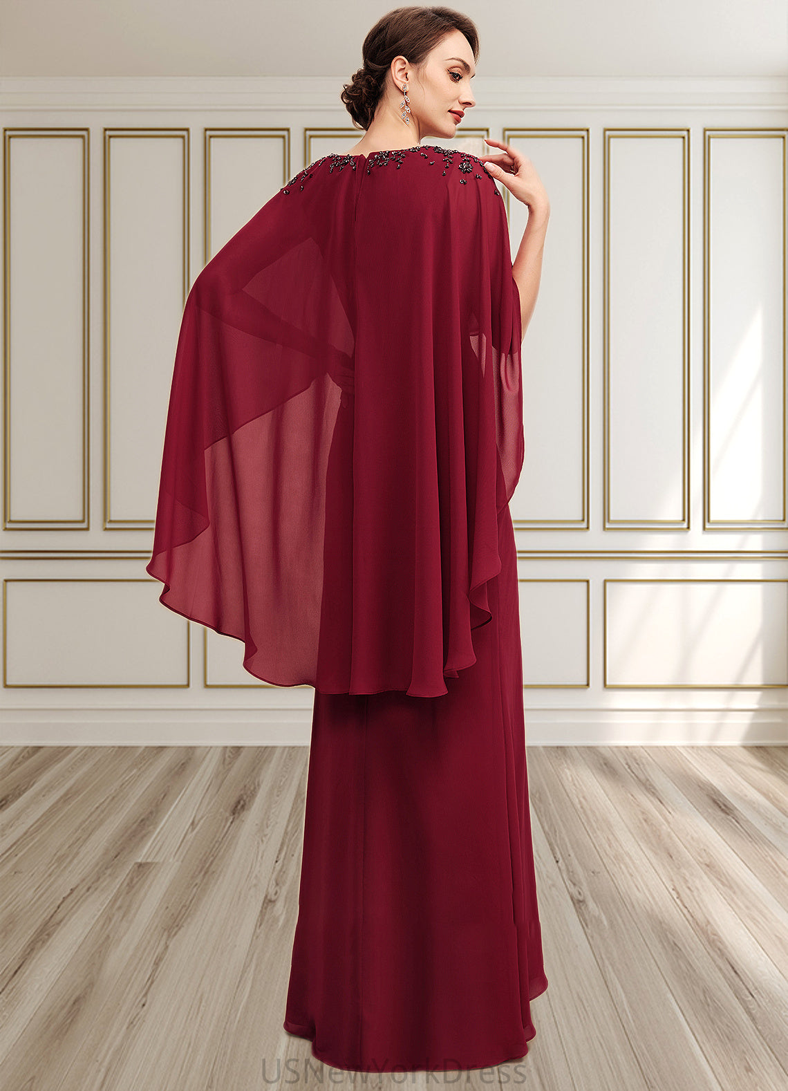 Sarahi A-Line V-neck Floor-Length Chiffon Mother of the Bride Dress With Ruffle Beading Sequins DJ126P0014833