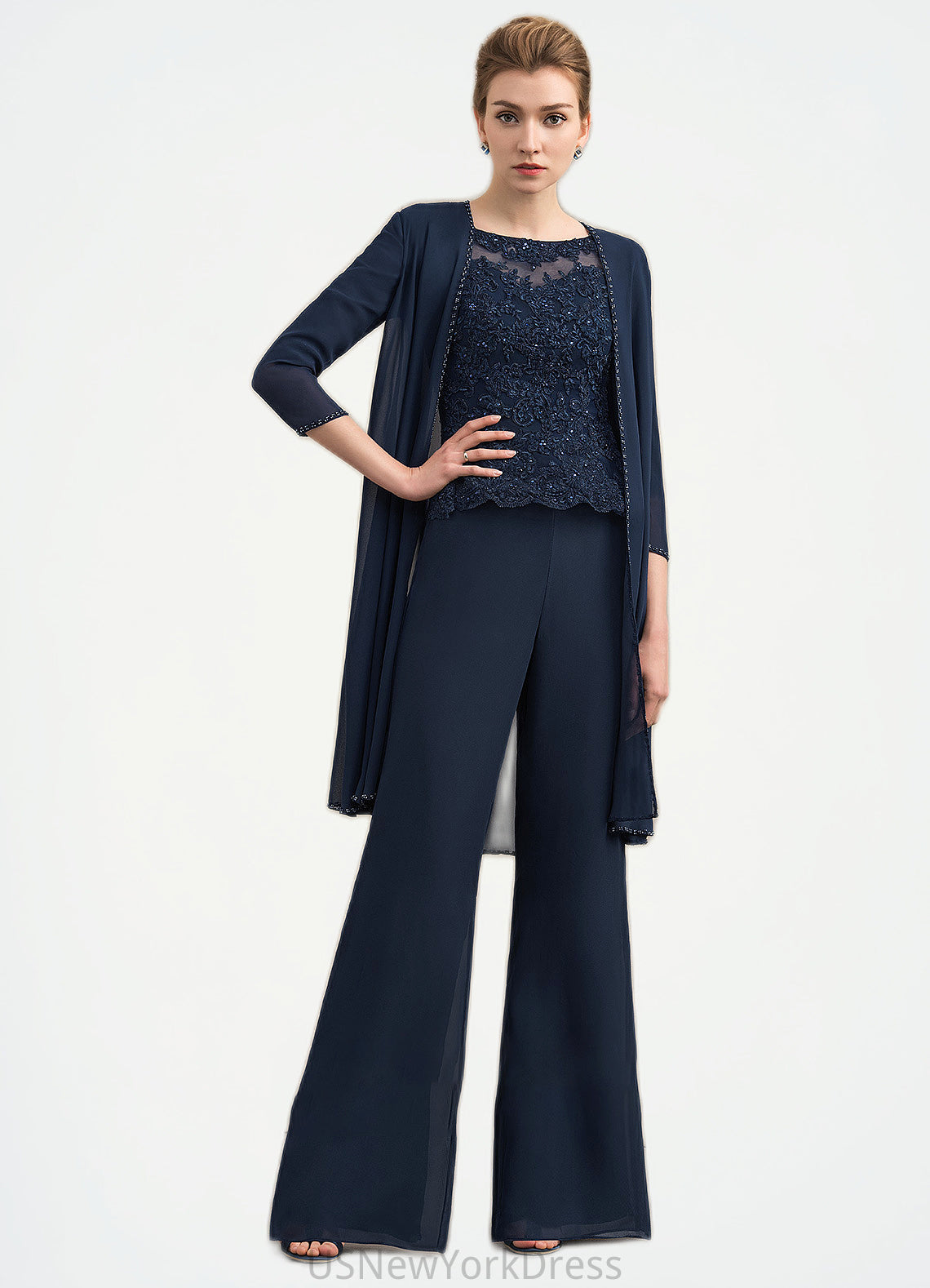 Kathy Jumpsuit/Pantsuit Scoop Neck Floor-Length Chiffon Lace Mother of the Bride Dress With Beading DJ126P0014836