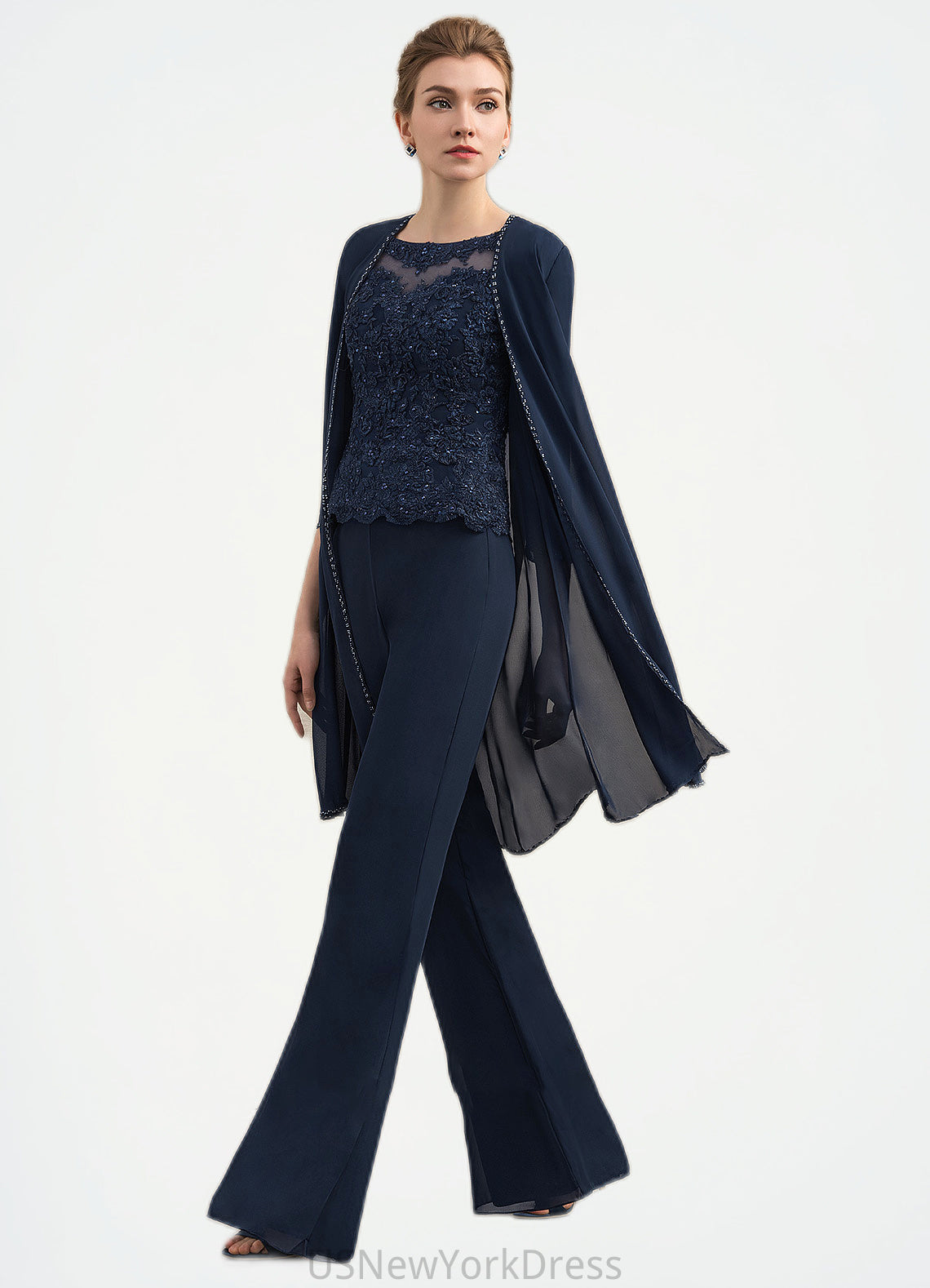 Kathy Jumpsuit/Pantsuit Scoop Neck Floor-Length Chiffon Lace Mother of the Bride Dress With Beading DJ126P0014836