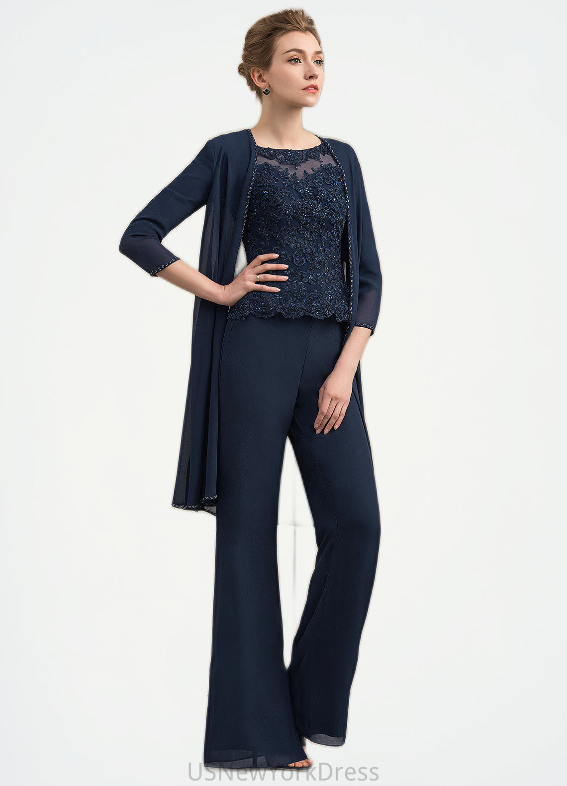 Kathy Jumpsuit/Pantsuit Scoop Neck Floor-Length Chiffon Lace Mother of the Bride Dress With Beading DJ126P0014836