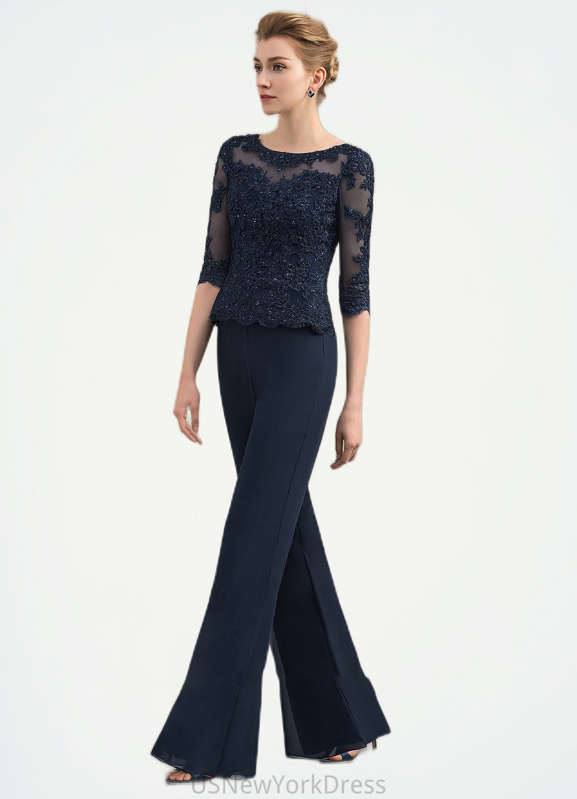 Kathy Jumpsuit/Pantsuit Scoop Neck Floor-Length Chiffon Lace Mother of the Bride Dress With Beading DJ126P0014836