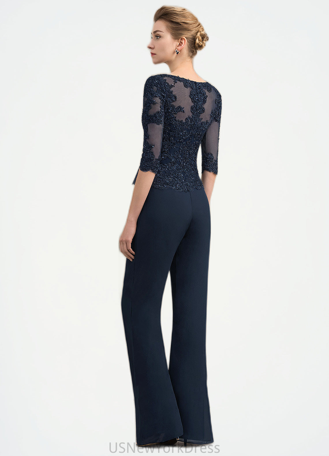 Kathy Jumpsuit/Pantsuit Scoop Neck Floor-Length Chiffon Lace Mother of the Bride Dress With Beading DJ126P0014836