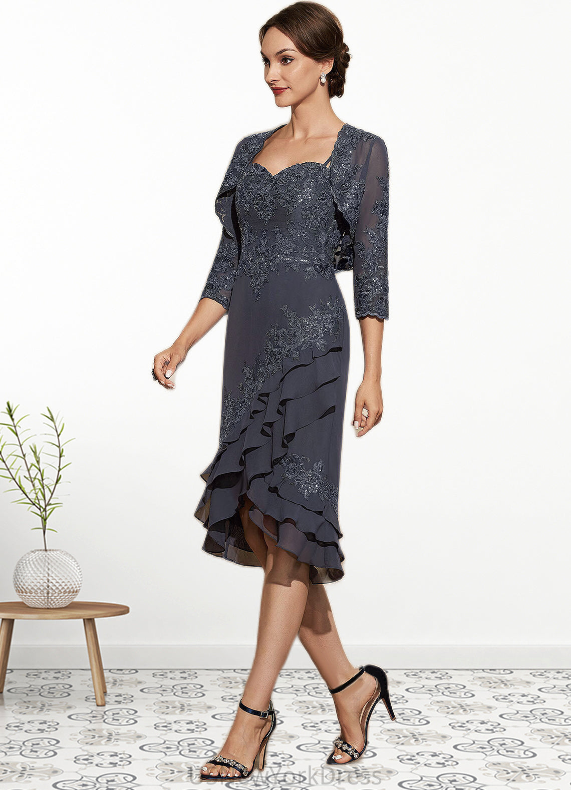 Lucile Sheath/Column Sweetheart Asymmetrical Chiffon Lace Mother of the Bride Dress With Sequins Cascading Ruffles DJ126P0014837