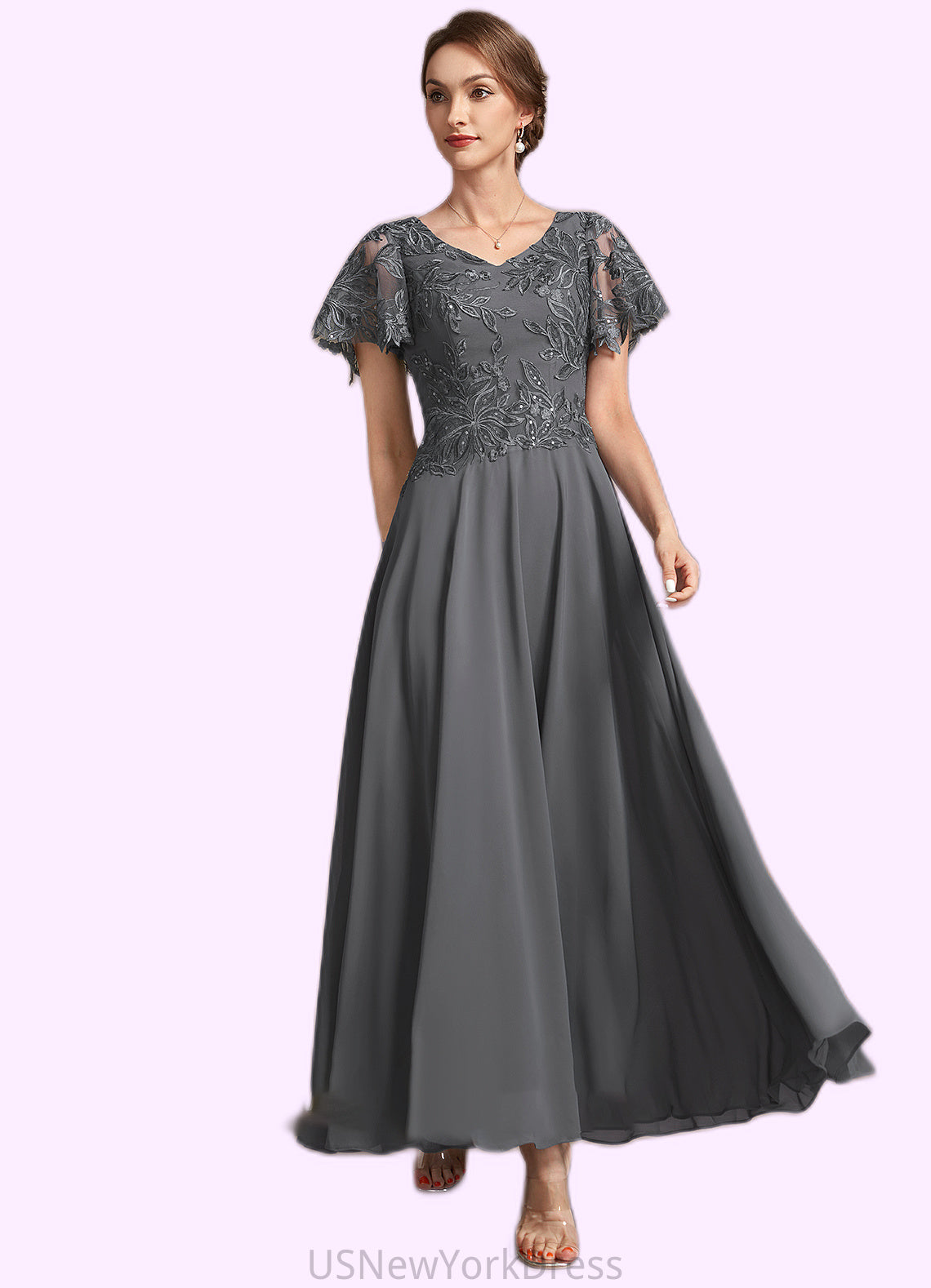 Autumn A-Line V-neck Ankle-Length Chiffon Lace Mother of the Bride Dress With Sequins DJ126P0014838