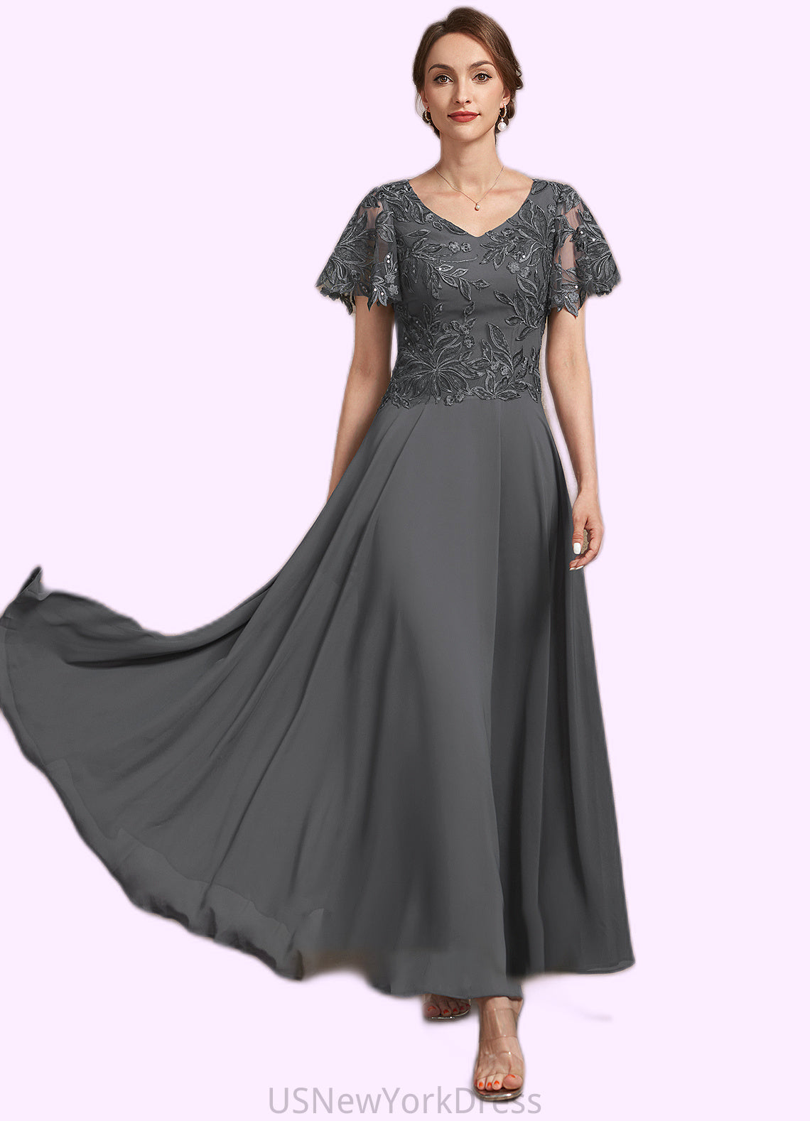 Autumn A-Line V-neck Ankle-Length Chiffon Lace Mother of the Bride Dress With Sequins DJ126P0014838