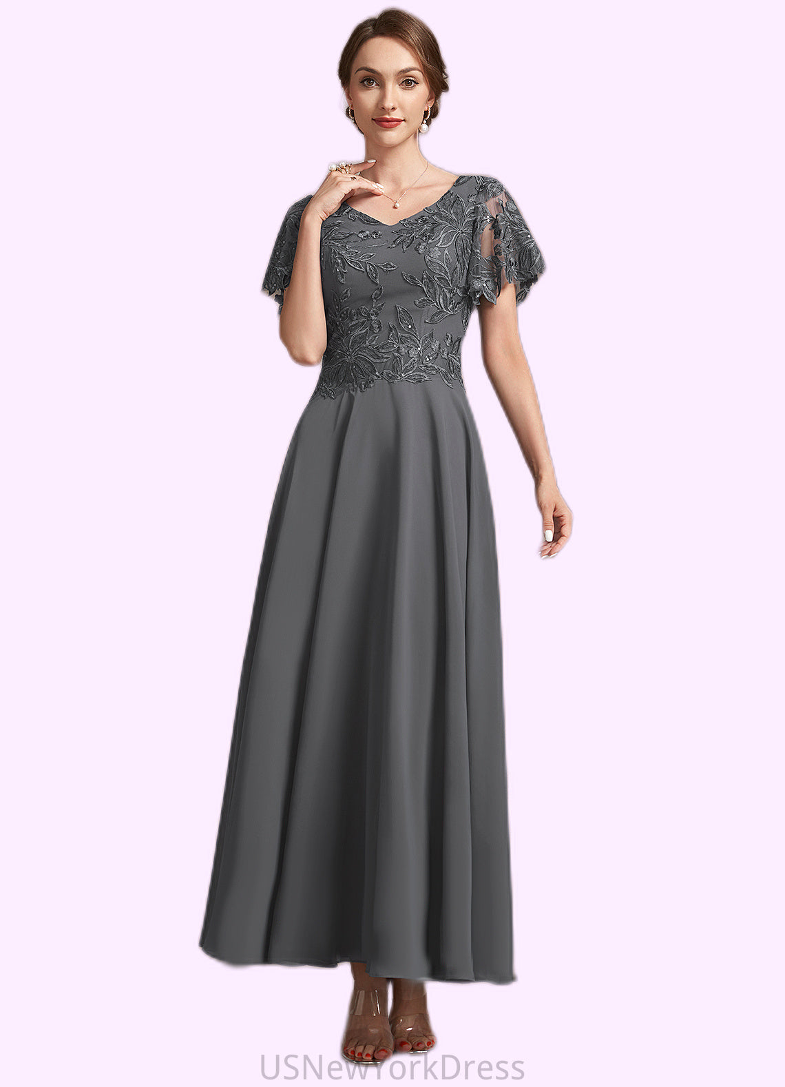 Autumn A-Line V-neck Ankle-Length Chiffon Lace Mother of the Bride Dress With Sequins DJ126P0014838