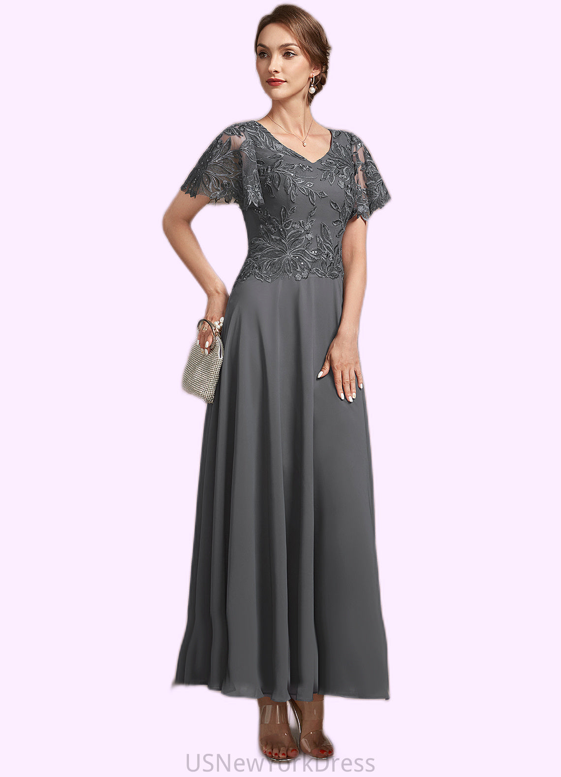 Autumn A-Line V-neck Ankle-Length Chiffon Lace Mother of the Bride Dress With Sequins DJ126P0014838