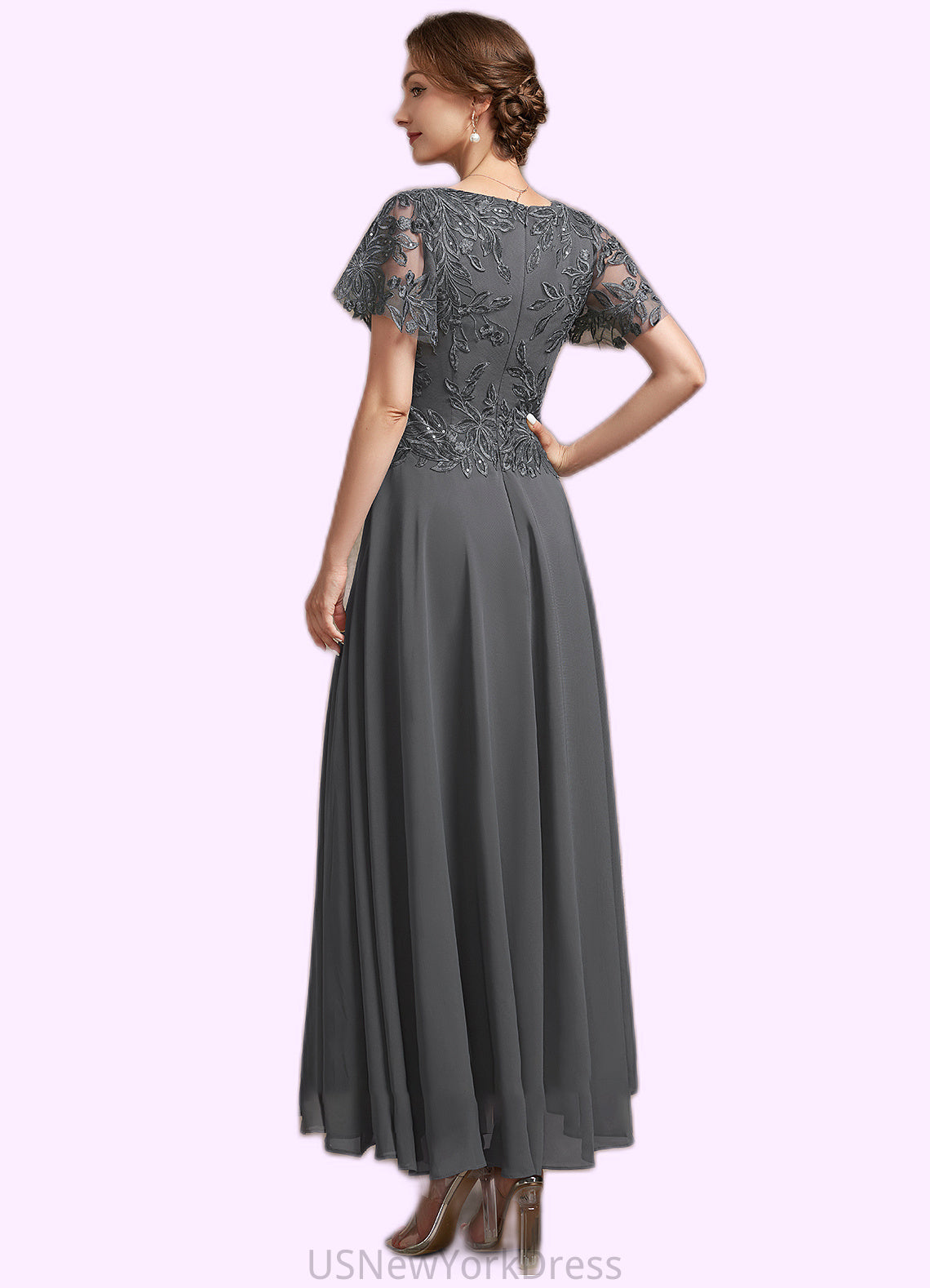 Autumn A-Line V-neck Ankle-Length Chiffon Lace Mother of the Bride Dress With Sequins DJ126P0014838