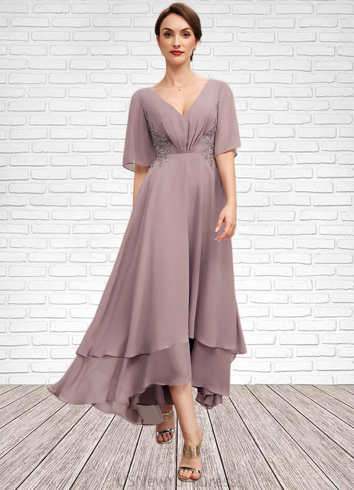 Anastasia A-Line V-neck Asymmetrical Chiffon Mother of the Bride Dress With Ruffle Lace Beading DJ126P0014839