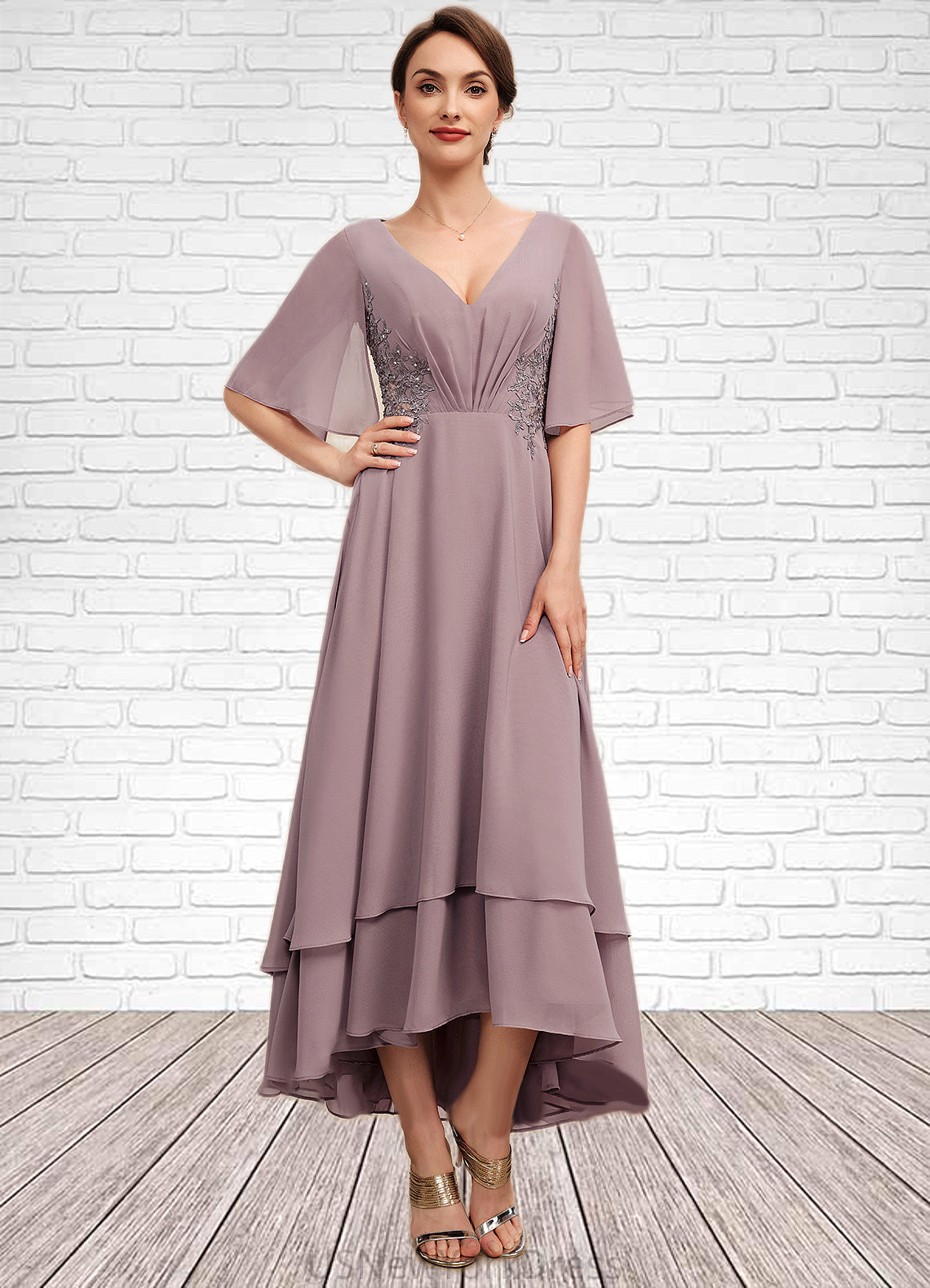 Anastasia A-Line V-neck Asymmetrical Chiffon Mother of the Bride Dress With Ruffle Lace Beading DJ126P0014839