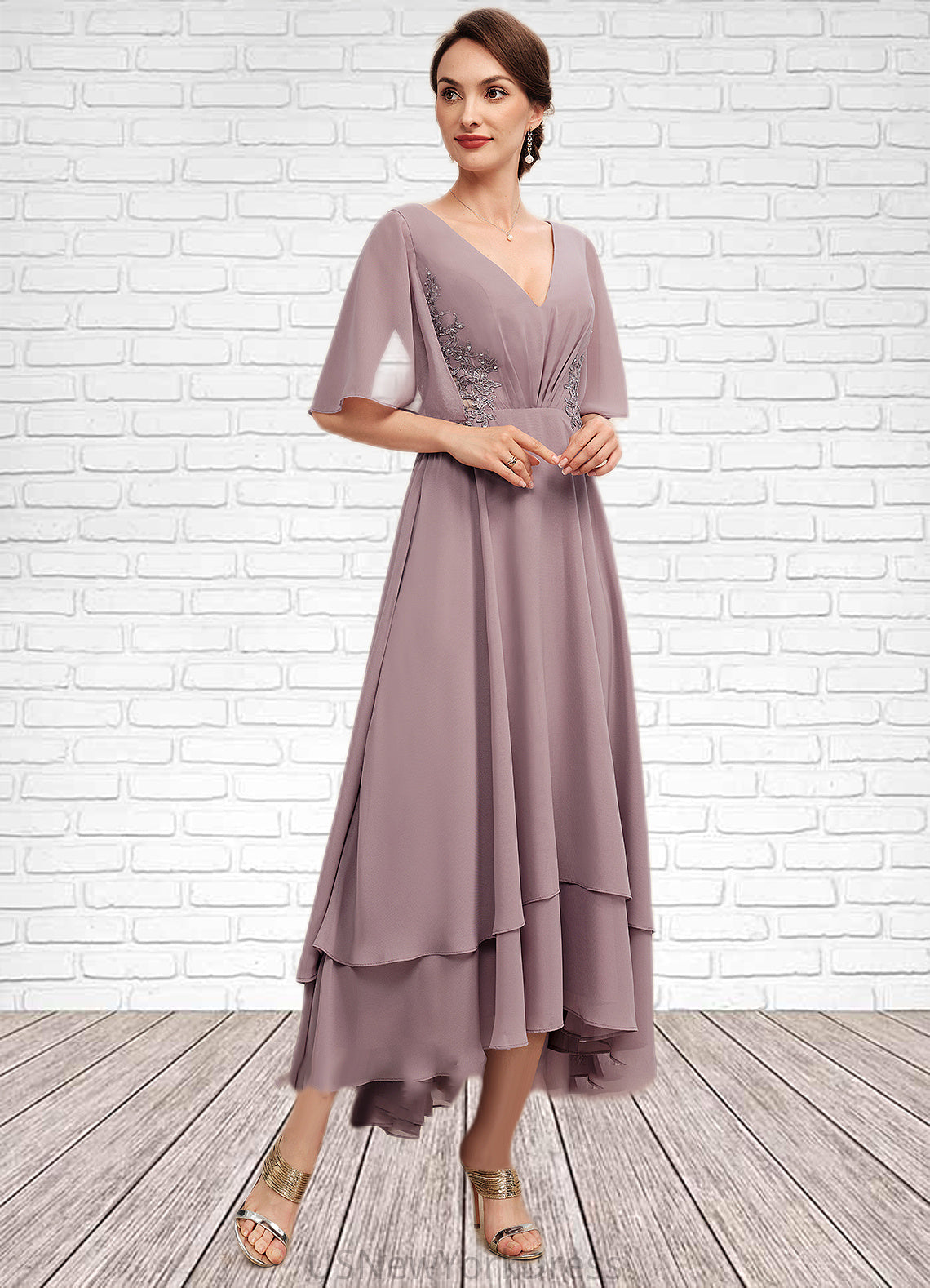 Anastasia A-Line V-neck Asymmetrical Chiffon Mother of the Bride Dress With Ruffle Lace Beading DJ126P0014839