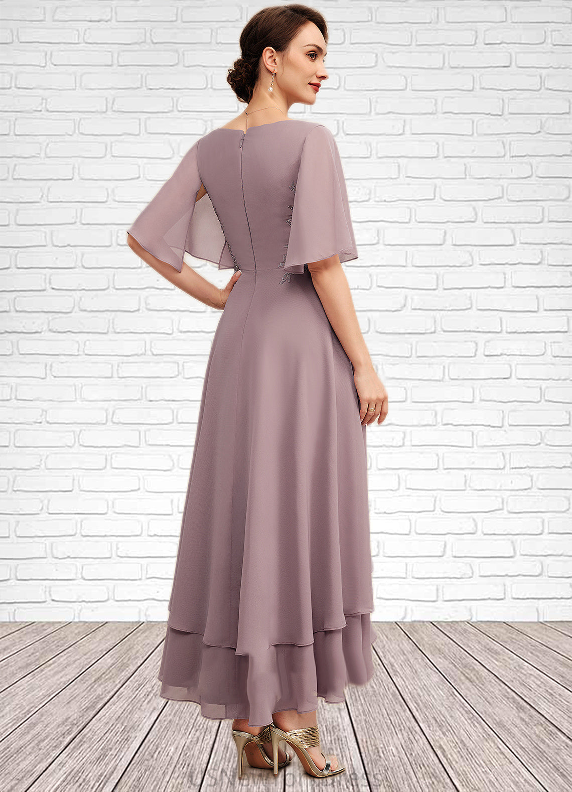 Anastasia A-Line V-neck Asymmetrical Chiffon Mother of the Bride Dress With Ruffle Lace Beading DJ126P0014839