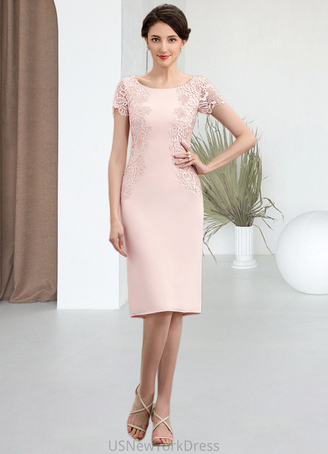 Lucy Sheath/Column Scoop Neck Knee-Length Lace Stretch Crepe Mother of the Bride Dress DJ126P0014843