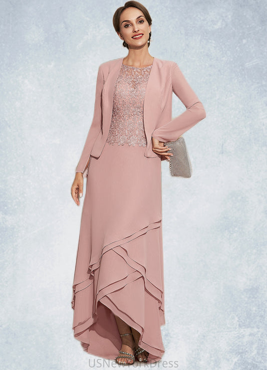 Anahi A-Line Scoop Neck Asymmetrical Chiffon Lace Mother of the Bride Dress With Cascading Ruffles DJ126P0014845