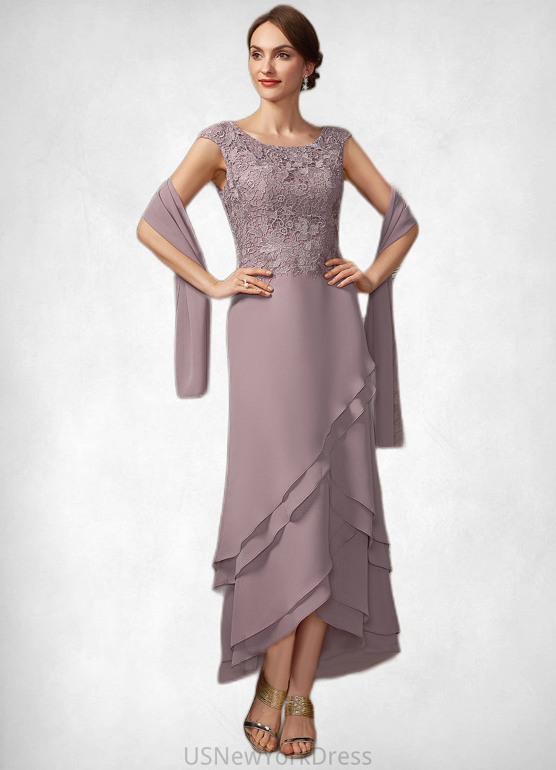 Rory A-Line Scoop Neck Asymmetrical Chiffon Lace Mother of the Bride Dress With Cascading Ruffles DJ126P0014850