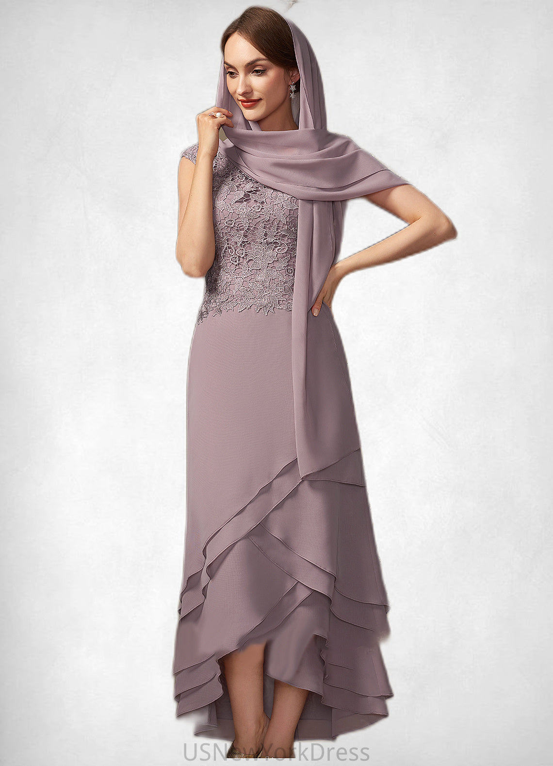 Rory A-Line Scoop Neck Asymmetrical Chiffon Lace Mother of the Bride Dress With Cascading Ruffles DJ126P0014850