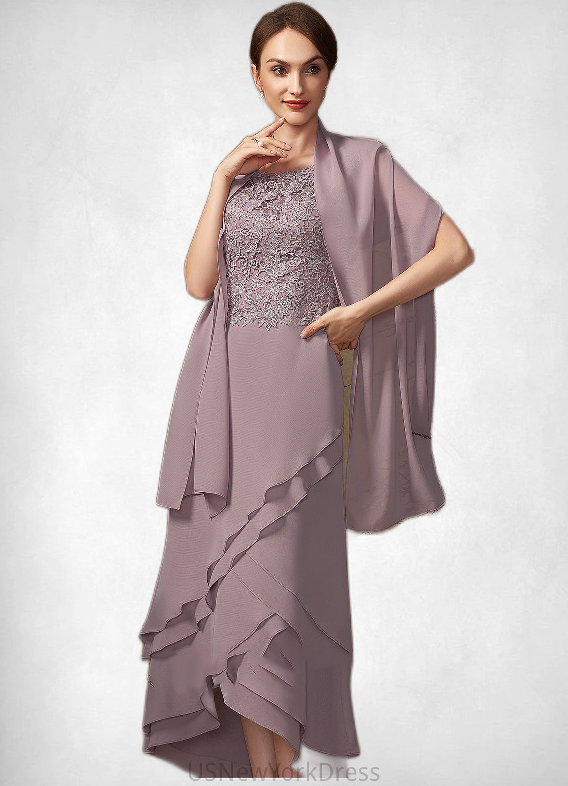 Rory A-Line Scoop Neck Asymmetrical Chiffon Lace Mother of the Bride Dress With Cascading Ruffles DJ126P0014850