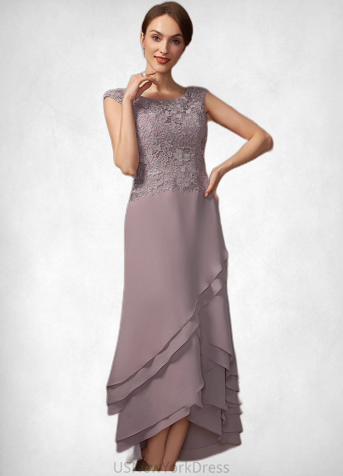 Rory A-Line Scoop Neck Asymmetrical Chiffon Lace Mother of the Bride Dress With Cascading Ruffles DJ126P0014850