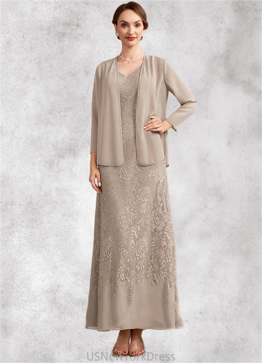 Alissa A-Line V-neck Ankle-Length Chiffon Lace Mother of the Bride Dress DJ126P0014851