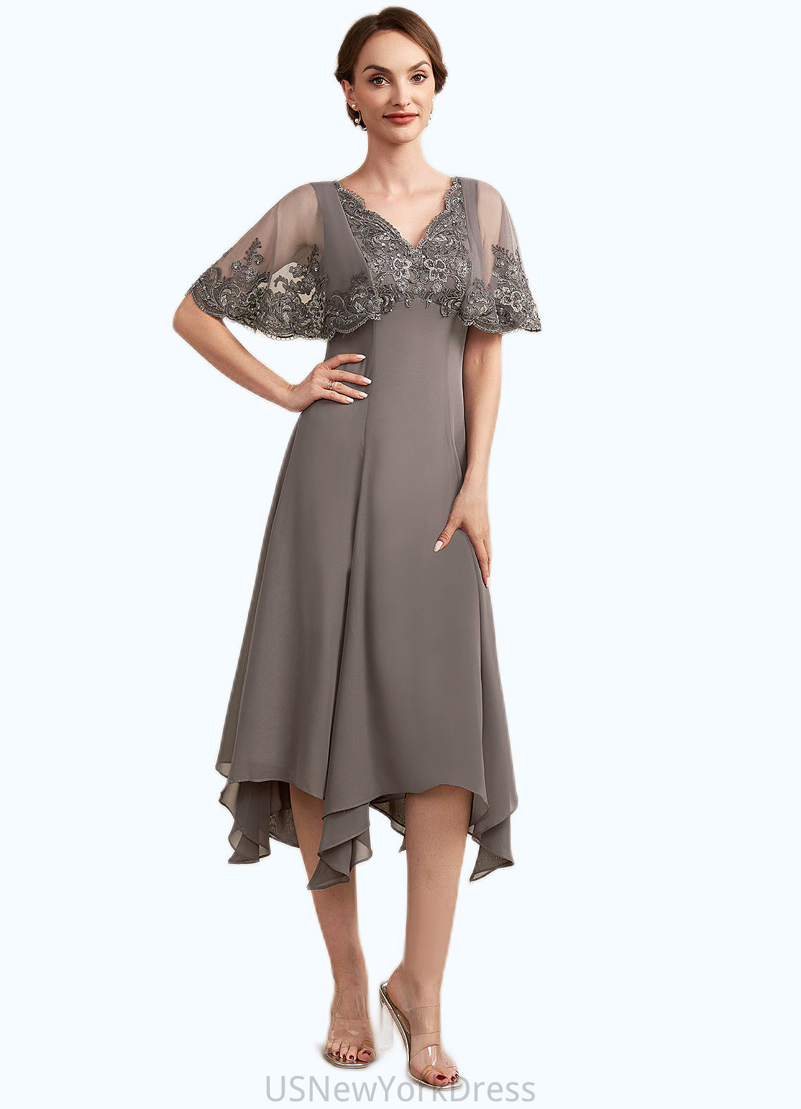 London A-Line V-neck Tea-Length Chiffon Lace Mother of the Bride Dress With Beading Sequins DJ126P0014852