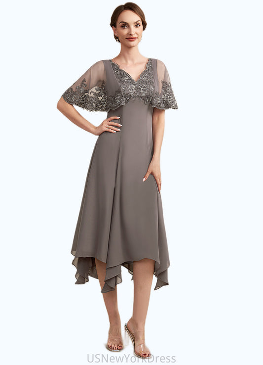 London A-Line V-neck Tea-Length Chiffon Lace Mother of the Bride Dress With Beading Sequins DJ126P0014852